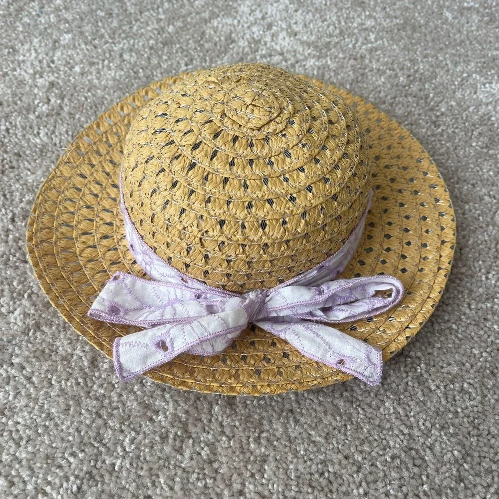 Kids Straw Sun Hat Floppy Brim Purple Floral Ribbon Bow Summer Beach‎